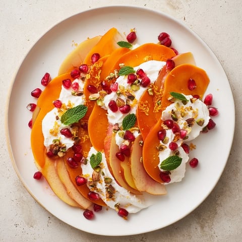 Sliced persimmons and pears create a winter snowscape in this beautiful dessert recipe.