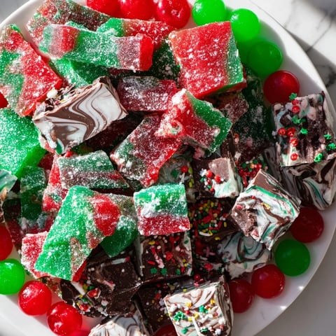 Vibrant Jingle Bell Rock Candy display with colorful, glittering treats for a festive holiday table.