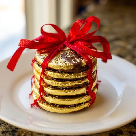 Golden chocolate coin stacks shimmer with edible glitter, a festive edible dessert display.