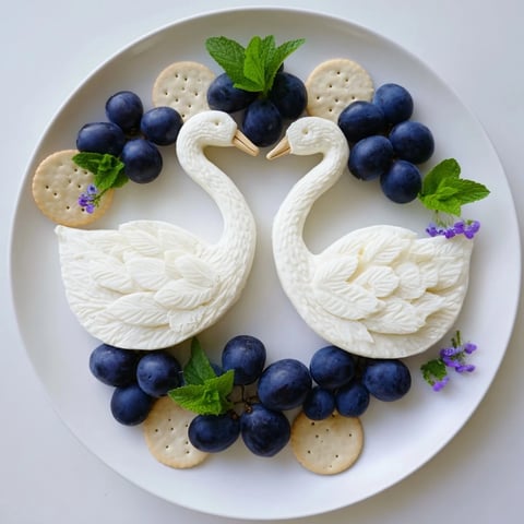 Elegant Swan Lake Board with cheese swans and piles of juicy blue grapes.