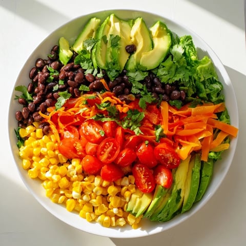 Southwest Sunset Palette salad layered with vibrant peppers, cheese, and black beans, perfect for a Tex-Mex feast.