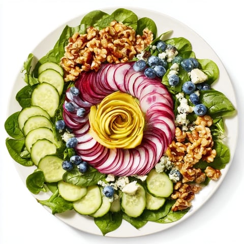 Fibonacci Fan Salad: A vibrant and colorful vegetarian salad with arranged fresh ingredients.
