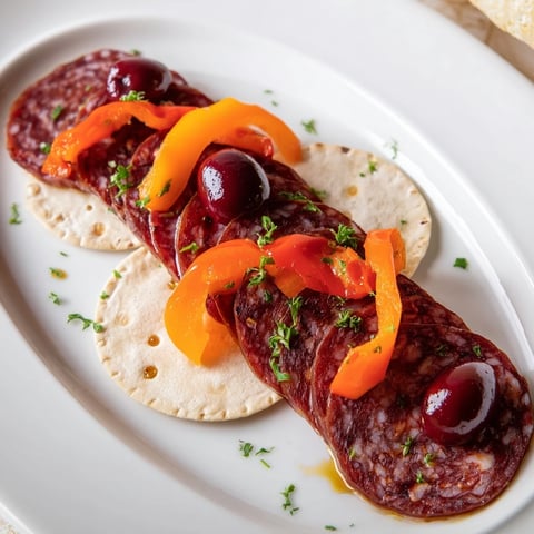 The Crimson Tide appetizer: Spicy chorizo and sweet cherries artfully arranged on crisp white crackers.
