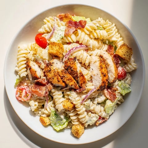 A large bowl shows the Chicken Caesar Pasta Salad, with rotini, chicken, and creamy dressing.
