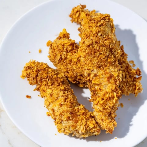 Golden-brown, crispy onion chip chicken tenders ready to serve with ranch dressing on a plate.