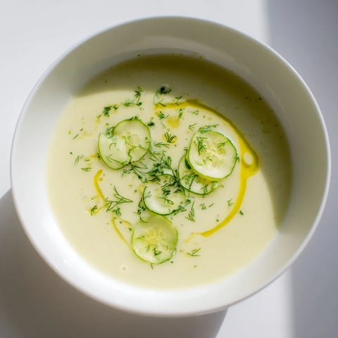Creamy chilled cucumber garlic soup garnished with fresh dill and cucumber slices, ready to enjoy.