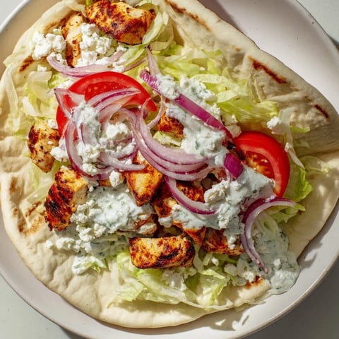 Golden chicken pieces from the Greek Chicken Souvlaki Wraps nestled with fresh tzatziki, ready to eat.