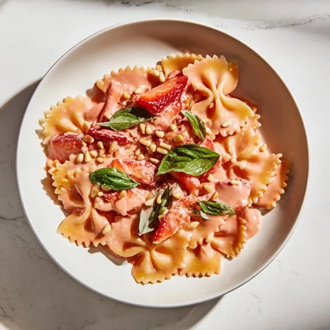 Creamy Strawberry Sour Cream Pasta, vibrant pink with fresh basil, ready for a delightful bite.