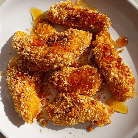 Golden-brown crispy panko chicken tenders drizzled with fiery hot honey, ready to eat.