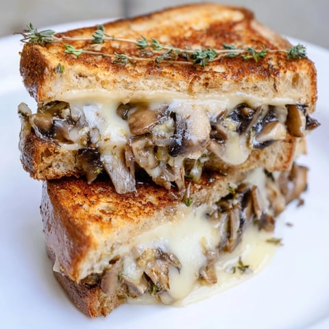 Golden, bubbly Creamy Mushroom Grilled Cheese, oozing with melted cheese and savory sautéed mushrooms ready to enjoy.
