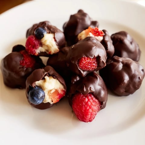 Chocolate Yogurt Clusters glistening with melted dark chocolate and fresh berries, ready to enjoy.
