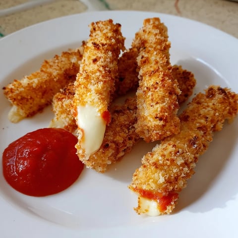 Golden air fryer mozzarella sticks, crispy with a melty cheese center, ready to dip in marinara.
