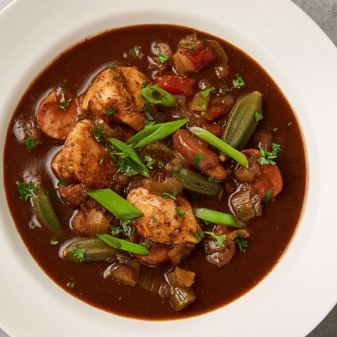 A steaming bowl of Gumbo Okra Soup with visible chunks of chicken and okra.