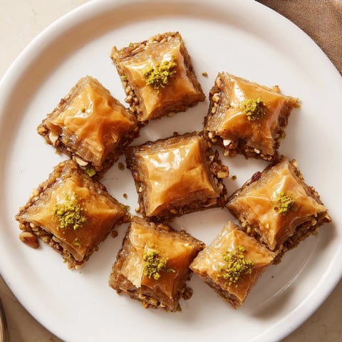 Golden-brown Turkish baklava glistens with sweet syrup, a delightful dessert with flaky pastry layers.