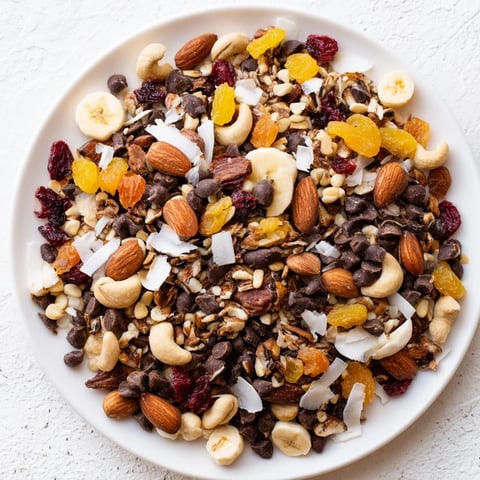 A colorful bowl of homemade trail mix, bursting with nuts, seeds, and chocolate chips.