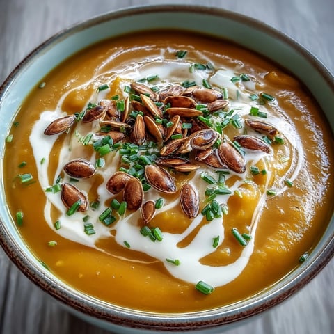 Cozy acorn squash soup, creamy and golden, garnished with toasted pumpkin seeds.