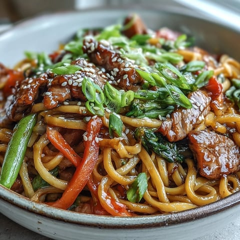 Tender pork strips and crisp bell peppers in a savory sauce over steaming egg noodles, served ready to eat.