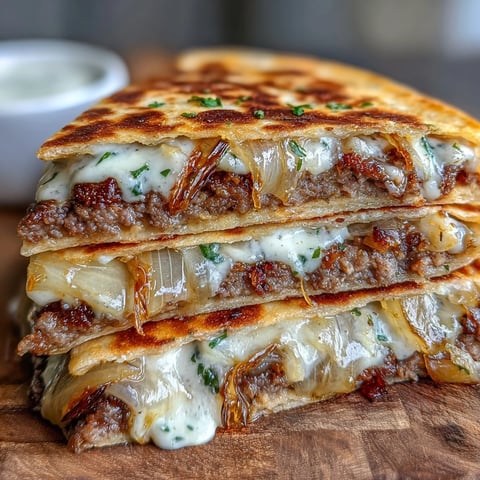 Golden-brown Cheesy Griddled Smashburger Quesadillas sliced into wedges, revealing melted cheddar and American cheese layered over thin beef patties.