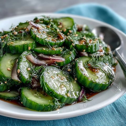 Bright chilled Refreshing Crunchy Cucumber Salad with sliced cucumbers, red onions, and fresh dill in a tangy vinegar dressing.