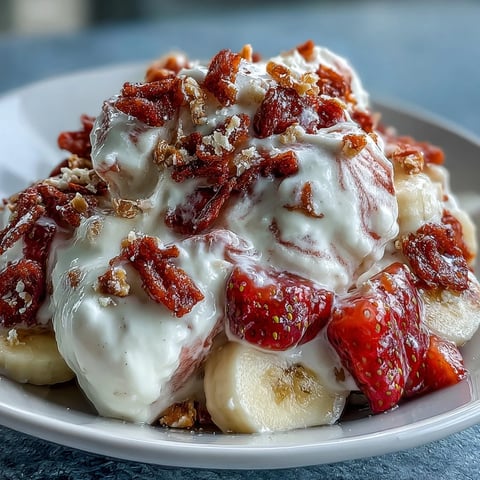 Frozen Strawberry & Banana Yogurt Clusters on a lined tray, topped with extra crisp fruit chips.