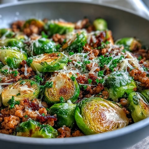 A one-pan skillet dinner features golden Brussels sprouts and savory ground turkey with aromatic garlic and paprika.