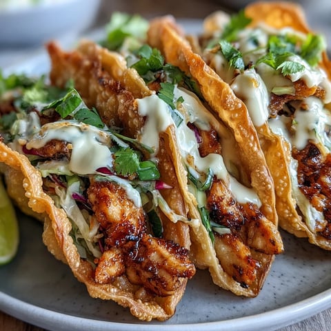 Golden brown crispy wonton taco shells filled with ginger-marinated chicken, tangy slaw, and creamy sriracha mayo.