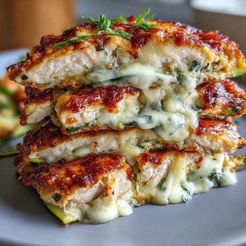 A close-up of High Protein Chicken Zucchini Bake with golden melted cheese and visible zucchini layers.