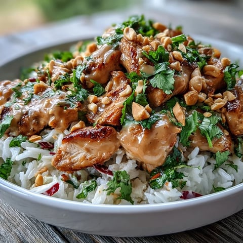 Warm Peanut Chicken Protein Bowl with sautéed chicken on coconut rice, topped with red cabbage, carrots, and fresh cilantro.