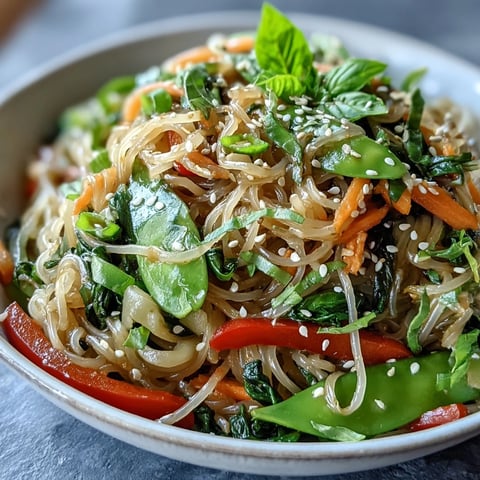 A close-up of a colorful low-carb shirataki noodle bowl topped with sesame seeds.