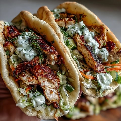 Freshly grilled, spiced chicken slices rest inside a warm pita pocket, overflowing with a vibrant, creamy herby ranch slaw and fresh greens.