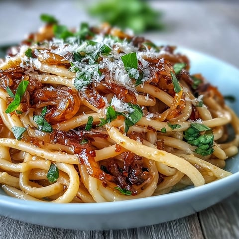Caramelized Onion Pasta with Chili Oil glows with golden onions and fresh basil garnish, steaming on a rustic plate.