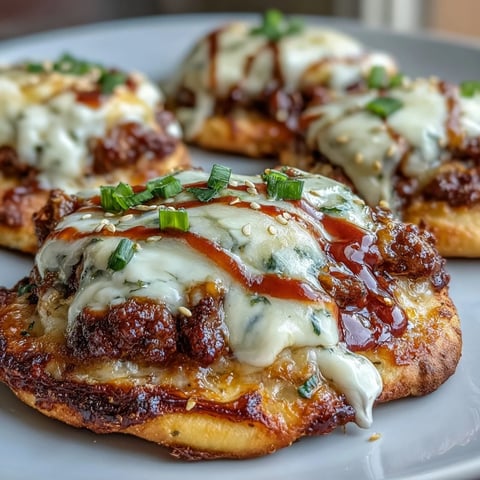 Golden, bubbly Cheeseburger Garlic Naan Pizzas fresh from the oven, featuring seasoned beef and melty cheese sauce.