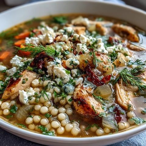 Greek Chicken & Pearl Couscous Soup steaming in a white bowl with lemon wedges and a sprinkle of fresh dill.