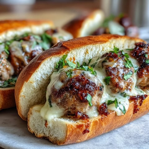 Four golden-baked turkey meatballs in rich garlic-Parmesan cream sauce are loaded into a toasted hoagie roll topped with melted mozzarella.