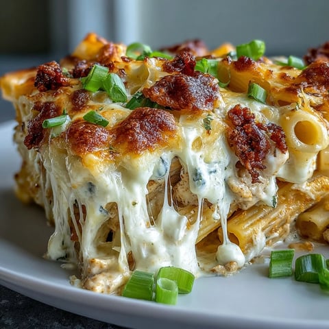 Golden, bubbly Creamy Buffalo Ranch Chicken Pasta Bake fresh from the oven, garnished with green onions.