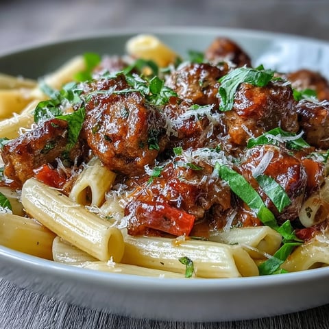 Steam rises from a pan of One-Pot Creamy Red Wine Sausage Pasta, showcasing rich red sauce and melted Parmesan.