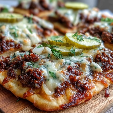 Freshly baked Cheeseburger Garlic Naan Pizzas with melted cheddar sauce, ground beef, and pickles on a rustic plate.