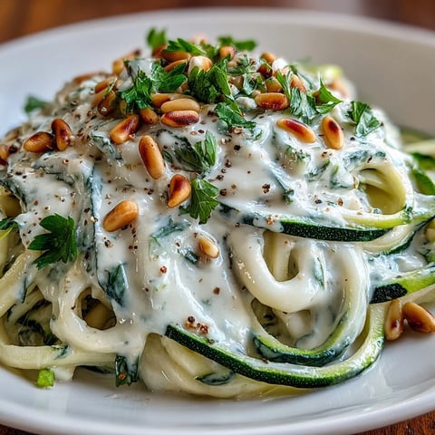 Fresh spiralized zucchini noodles coated in a luscious Vegan Creamy Cashew Alfredo, garnished with chopped parsley and toasted pine nuts.