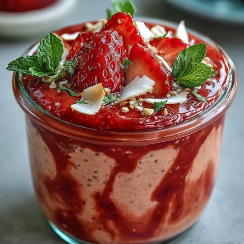 Creamy layers of Strawberry Chia Seed Pudding with coconut milk, topped with toasted flakes and mint.