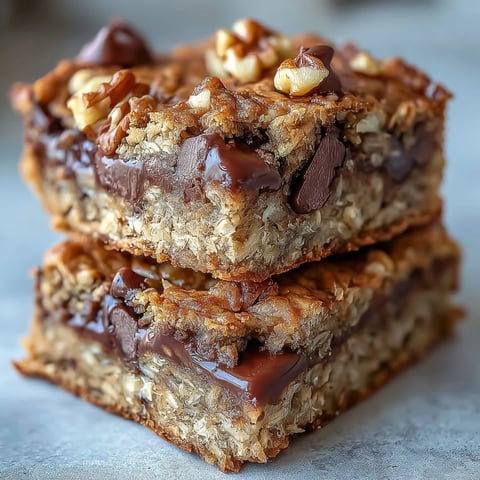 Golden-baked Chunky Monkey Protein Baked Oat Bars with chocolate chips and walnuts on a cooling rack.