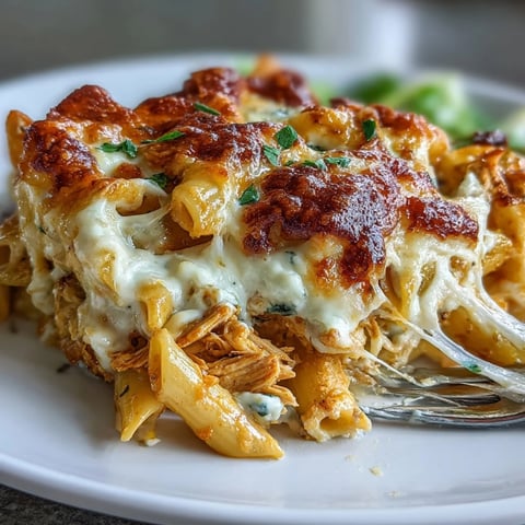 Creamy Buffalo Ranch Chicken Pasta Bake with tender pasta and spicy buffalo sauce, topped with melted mozzarella and cheddar cheese.