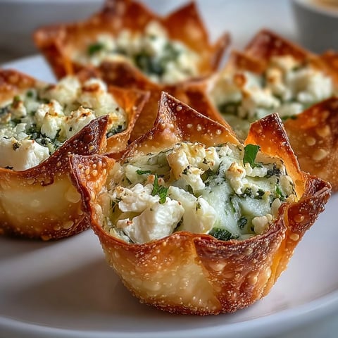 Crispy Spinach Feta Wonton Cups filled with creamy, savory spinach and feta cheese baked to golden perfection.  