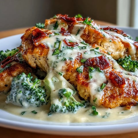 Keto Chicken Alfredo served over steamed broccoli florets, topped with creamy Parmesan sauce and fresh parsley.