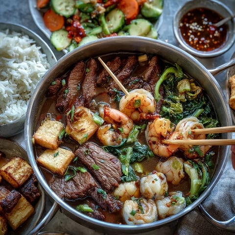 A steaming pot of Asian hot pot brimming with fresh vegetables, tender proteins, and noodles in savory broth at the table.  