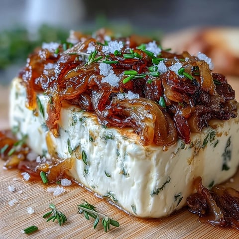 Creamy caramelized onion butter board with golden onions blended into soft, salted butter, ready for spreading on crisp crackers and baguette slices.