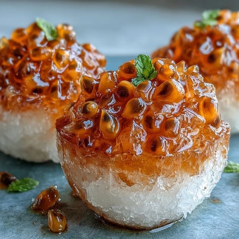 A refreshing passionfruit granita with tangy citrus and crystalline texture, perfect for cooling off on hot summer days.