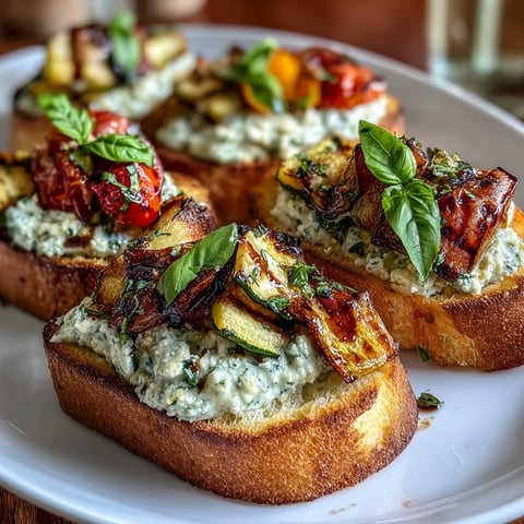 Crispy baguette slices brushed with garlic butter, topped with creamy ricotta and a colorful mix of roasted zucchini and peppers.  