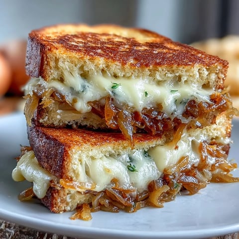 A golden sourdough sandwich filled with caramelized onions and melted Gruyère, inspired by French onion soup.