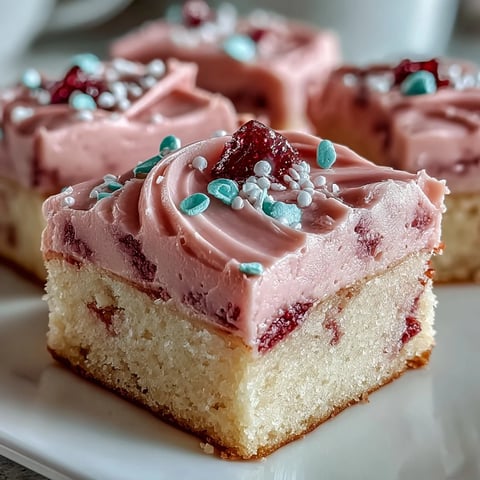 Soft sugar cookie bars topped with creamy strawberry frosting, perfect for Valentine's Day celebrations.