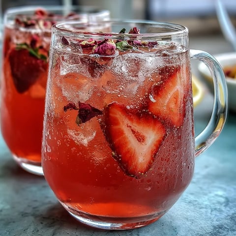 A vibrant pitcher of strawberry rose lemonade, with fresh strawberries and lemon slices floating in chilled pink liquid.